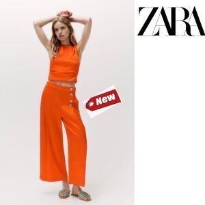 Zara RARE Orange Satin Effect cropped pants wide leg culottes gold buttons Sz XL